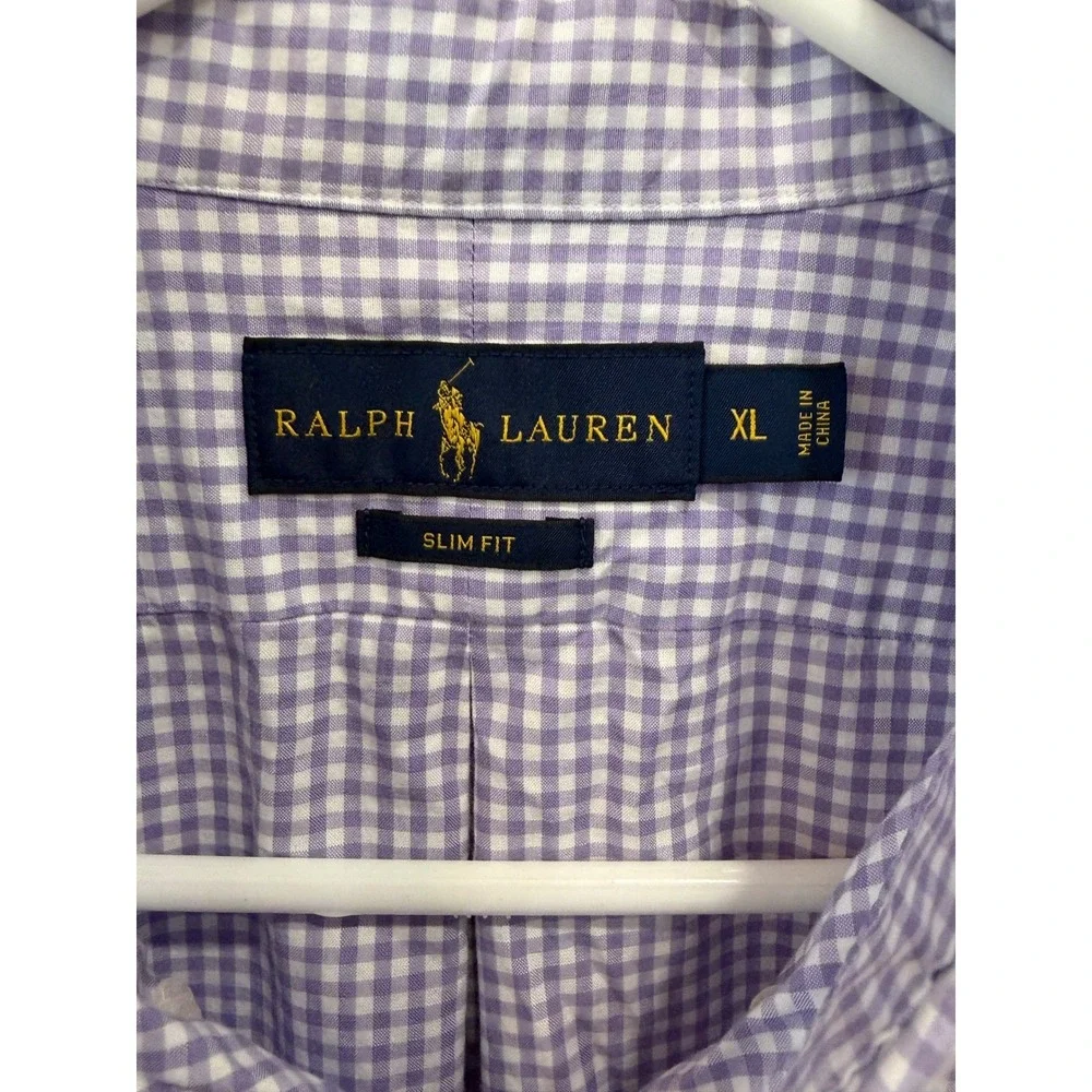 Ralph Lauren Mens XL Slim Fit Gingham Button Down Shirt Purple White Long Sleeve